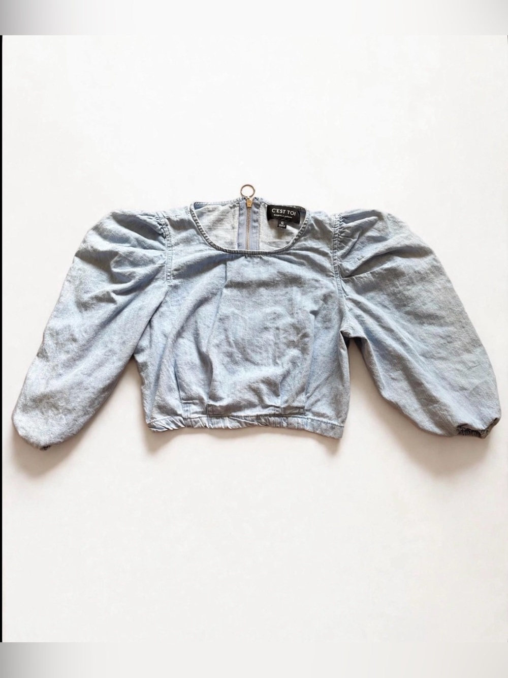 C'est Toi Light Blue Chambray Crop Top Size S Puff Sleeve Back Zip 100% Cotton